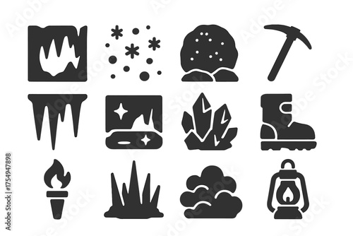 Frozen Cave Icons. Solid style icons of Frozen Underground Caves: icy walls, snow dust, frost-covered rocks, ice pick, frozen