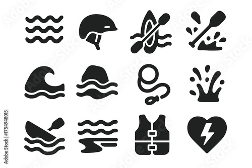 Whitewater Canoeing Icons. Solid style icons of Whitewater Canoeing: whitewater rapids, safety helmet, fast current, paddle impact