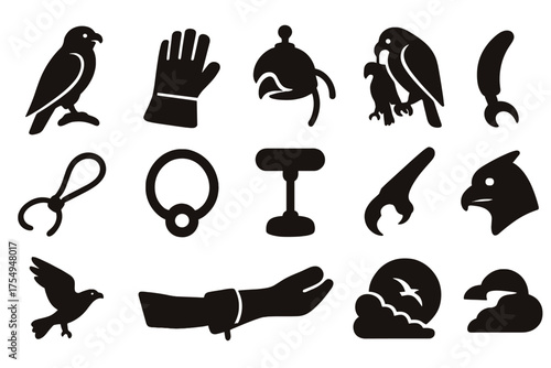 Falconry Icons Set. Solid style icons of Falconry: perched falcon, leather glove, falcon hood, caught prey, tether strap, jess