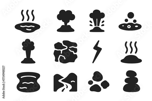Geothermal Feature Icons. Solid style icons of Geothermal Features: hot spring, fumarole, geyser eruption, mud pot, steam jet,