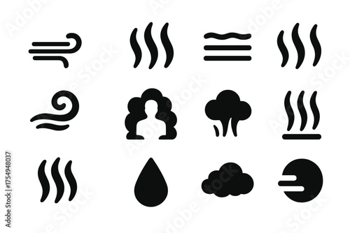 Steam and Mist Icons. Solid style icons of Steam Effects: vapor trail, rising mist, fog line, hot haze, swirling steam, silhouette