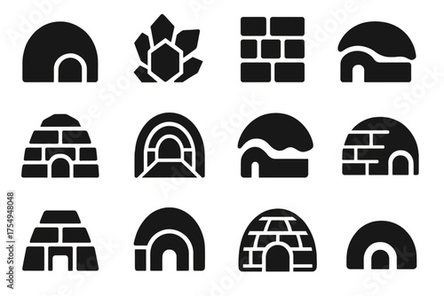 Frozen Architectural Icons. Solid style icons of Frozen Architecture: ice dome, crystalline surface, geometric layout, block