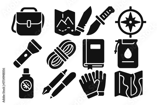 Explorer Gear Icons. Solid style icons of Explorer Gear: leather satchel, field map, survival knife, compass rose, flashlight,