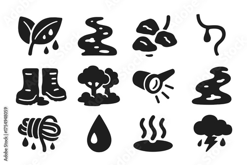 Rainforest Exploration Icons. Solid style icons of Rainforest Exploration: wet leaves, muddy trail, slick rocks, dripping vine,