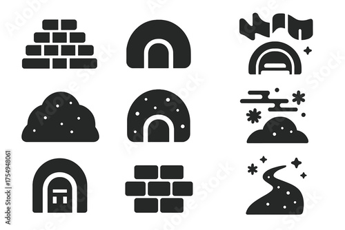 Igloo and Aurora. Solid style icons of Igloo: stacked ice blocks, igloo arch entrance, interior sleeping area, aurora borealis,