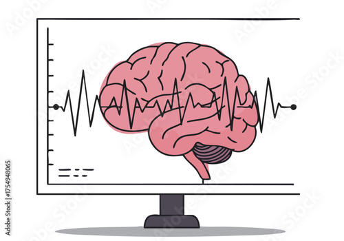 stylized graphic depicts a brain connected to a monitor displaying an ECG waveform The design promotes 'Train Your Brain Day' with a modern minimalist aesthetic  Bright pink and purple color scheme