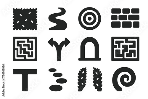 Labyrinth Icon Design. Solid style icons of Labyrinth: trimmed hedge, winding path, central goal, stone wall, maze layout,