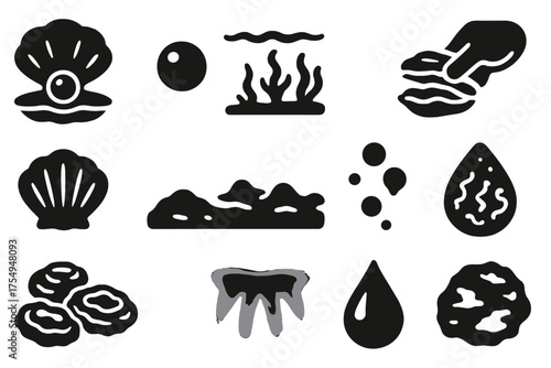 Oyster and Pearl Icons. Solid style icons of Oyster: opened oyster shell, shiny pearl, ocean floor, diver's hand, shell ridges,
