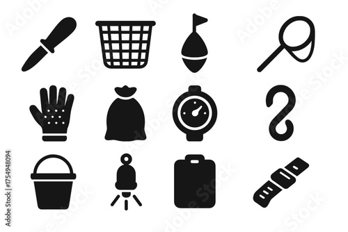 Marine Harvest Tools Icons. Solid style icons of Marine Harvest Tools: oyster knife, mesh basket, buoy marker, hand net, sorting