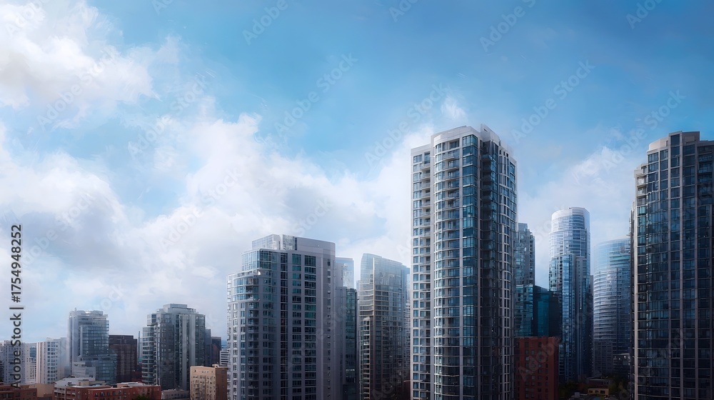 Fototapeta premium A vibrant cityscape featuring modern skyscrapers and urban residential buildings under a bright blue sky with scattered clouds