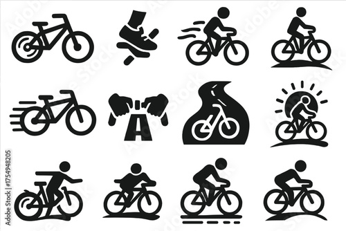 Bicycle Motion Icons. Solid style icons of Bicycle in Motion: spinning wheel, pedaling foot, breeze swirl, curved path, motion