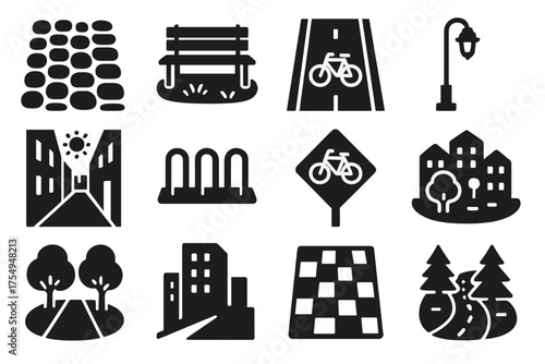 City Cycling Icons. Solid style icons of City Cycling: cobblestone road, park bench, cycling lane, streetlamp, alley view, bike