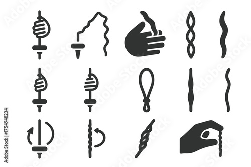 Drop Spindle Icons. Solid style icons of Drop Spindle Use: suspended spindle, spinning thread, hand draft, twist buildup, bottom