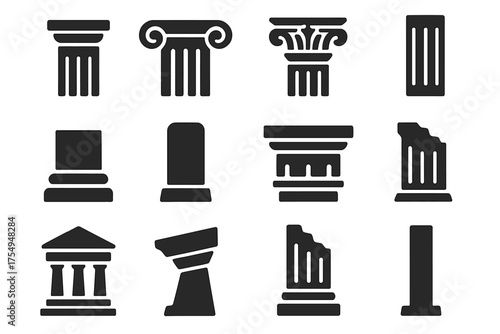 Classical Column Icons. Solid style icons of Classical Columns: Doric column, Ionic scroll, Corinthian capital, fluted shaft,