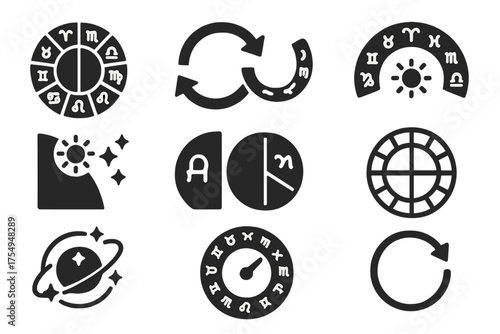 Zodiac Icons Collection. Solid style icons of Zodiac Calendar: 12 sign wheel, month transition, symbol arc, sun through signs,