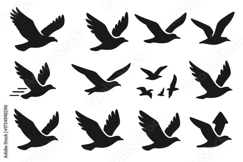 Soaring Bird Icons. Solid style icons of Flying Birds: soaring hawk, flapping wings, gliding gull, bird in motion, wingbeat lines,