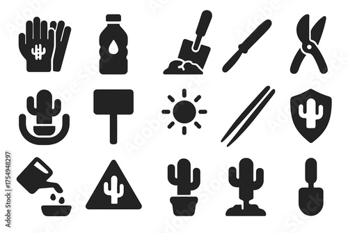 Cactus Care Icons. Solid style icons of Cactus Safety and Care: cactus gloves, water bottle, dry soil scoop, pruning shears,