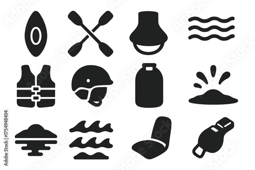 Kayaking Icon Set. Solid style icons of Kayaking: kayak boat, double-blade paddle, spray skirt, flowing river, life jacket, helmet