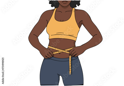 A woman measures her waist with a measuring tape, showcasing a fitness journey. Vibrant colors and a modern style highlight her determination. Track in triumph!
