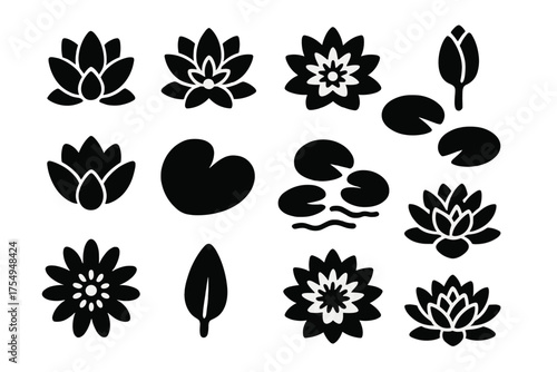 Colorful Water Lily Icons. Solid style icons of Water Lilies: white bloom, pink blossom, yellow flower, unopened bud, cluster of