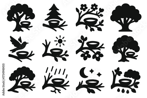 Forest Nest Icons. Solid style icons of Forest Nest Scene: nest in oak tree, nest in pine, nest among blossoms, forest canopy,
