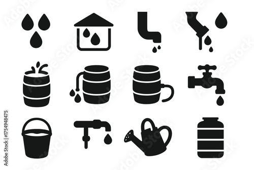 Rainwater Harvesting Icons. Solid style icons of Collection Process: raindrops falling, gutter flow, water in downspout, diverter
