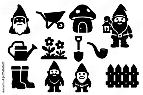 Garden Gnome Icons. Solid style icons of Garden Gnome: pointy hat, wheelbarrow, mushroom house, long beard, lantern, watering can,