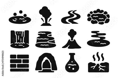 Thermal Pool Icons. Solid style icons of Thermal Pools: bubbling pool, geothermal vent, hot stream, rocky basin, waterfall into