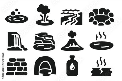 Thermal Pools Icons. Solid style icons of Thermal Pools: bubbling pool, geothermal vent, hot stream, rocky basin, waterfall into