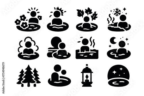 Seasonal Springs Icons. Solid style icons of Seasonal Springs: spring bloom bath, summer soak, autumn leaves pool, winter snow
