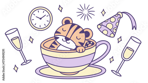Charming SVG of a Sleepy Tiger featuring sitting in a teacup ride, styled in a New Year's Eve/Day theme with New Beginnings hues