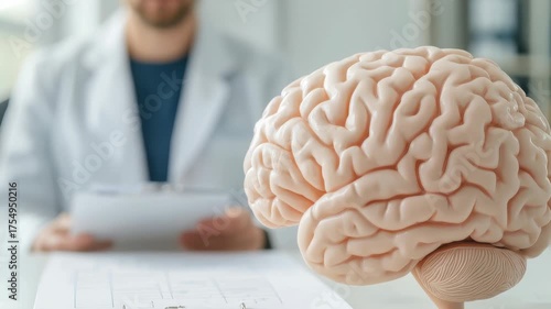 Medical professional examining anatomical model of human brain in office, showcasing neurological studies and research insights