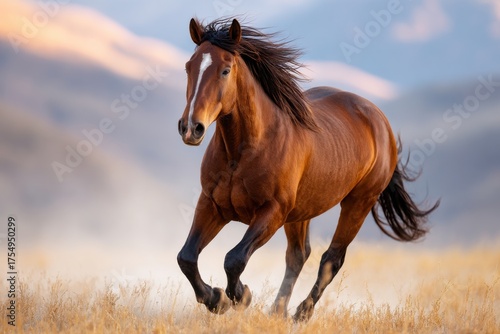 Majestic brown horse galloping through open field, mane flowing in the wind, showcasing strength and grace in a natural landscape with soft sunlight illuminating the scene