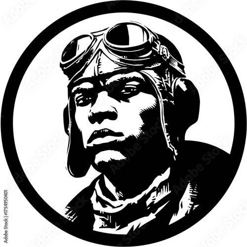 Monochrome portrait of aviator with goggles in circle, strong contrast, dramatic lighting
