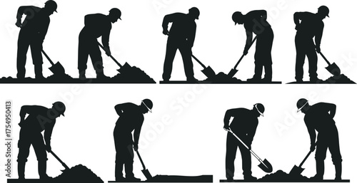 Construction worker silhouette, digging motion, manual labor, shovel action, hard hat safety, excavation process, dirt pile, industrial effort, work posture, physical task