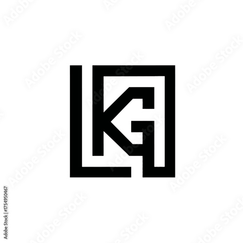 A geometric black and white logo features the letters "K" and "G" enclosed in a square, with a line on the left