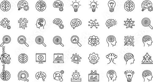 AI icon set, machine learning symbols, cognitive science visuals, CAD drawing, vector illustration, brain, gear, neural network, analysis, innovation