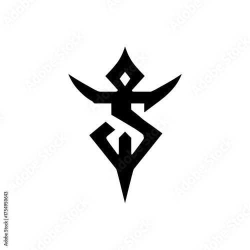 A black, symmetrical symbol composed of angular shapes, featuring pointed extensions and geometric forms