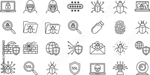 Cybersecurity icon set, computer security symbols, malware visuals, CAD drawing, vector illustration, hacker, bug, firewall, SSL badge, fingerprint