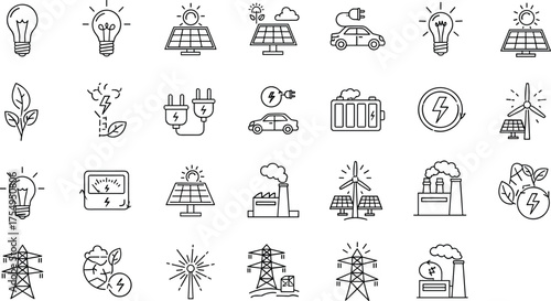 Energy icon set, electricity symbols, renewable power visuals, eco-friendly technology, CAD drawing, vector illustration, solar panel, battery, wind turbine, electric car