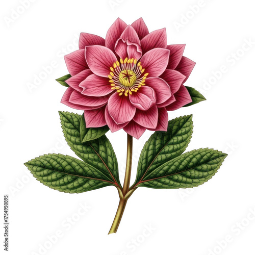 Beautiful pink hellebore flower with green leaves on a black background detailed botanical art isolated on transparent background