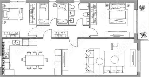 Three bedroom layout, apartment floor plan, master suite, twin beds, kitchen dining area, living room, CAD drawing, vector illustration, interior design, balcony access