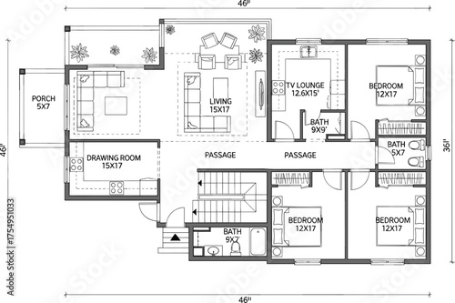 House layout, architectural floor plan, bedroom dimensions, drawing room design, TV lounge, CAD drawing, vector illustration, bathroom plan, staircase area, porch view