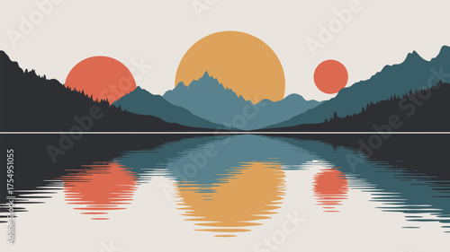 A serene landscape featuring mountains, suns, and their reflections in the water, in a minimalist style
