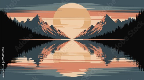 A symmetrical landscape featuring mountains trees and a large sun reflected in a calm body of water