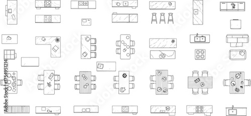 Kitchen layout symbols, top view furniture, interior design icons, CAD drawing, vector illustration, countertop setup, appliance plan, dining zone, bar stools, schematic grid