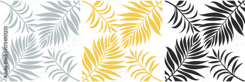 Modern seamless pattern with tropical palm leaves in black, gold, and gray on white background. Elegant botanical design for fabric, wallpaper, or decor. Stylish tropical foliage art print.