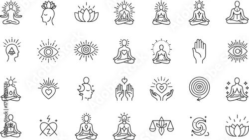 Meditation icon set, mindfulness symbols, spiritual wellness visuals, CAD drawing, vector illustration, lotus, eye, heart, balance, energy