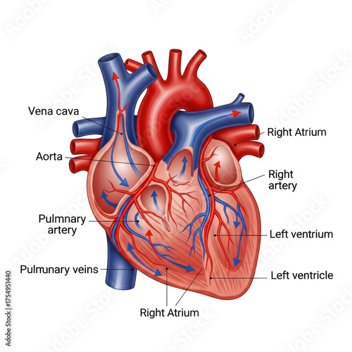 Detailed anatomical view of the human heart circulatory system and chambers isolated on transparent background