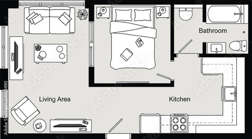 Studio apartment layout, compact living space, bedroom design, kitchen setup, bathroom blueprint, CAD drawing, vector illustration, furniture plan, interior design, small home
